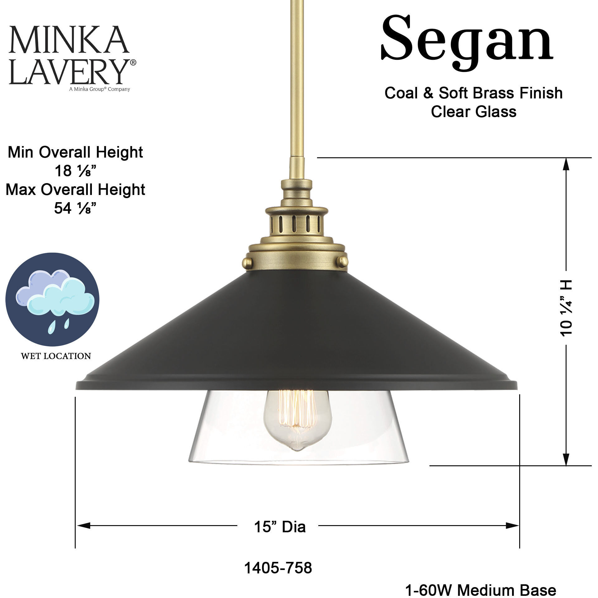 Segan 1 Light 15 inch Coal & Soft Brass (Painted) Mini Pendant Ceiling Light, Outdoor